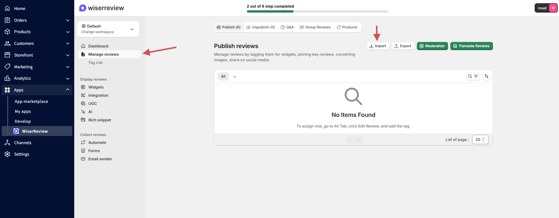 WiserReview Manage reviews page with the Import reviews button marked