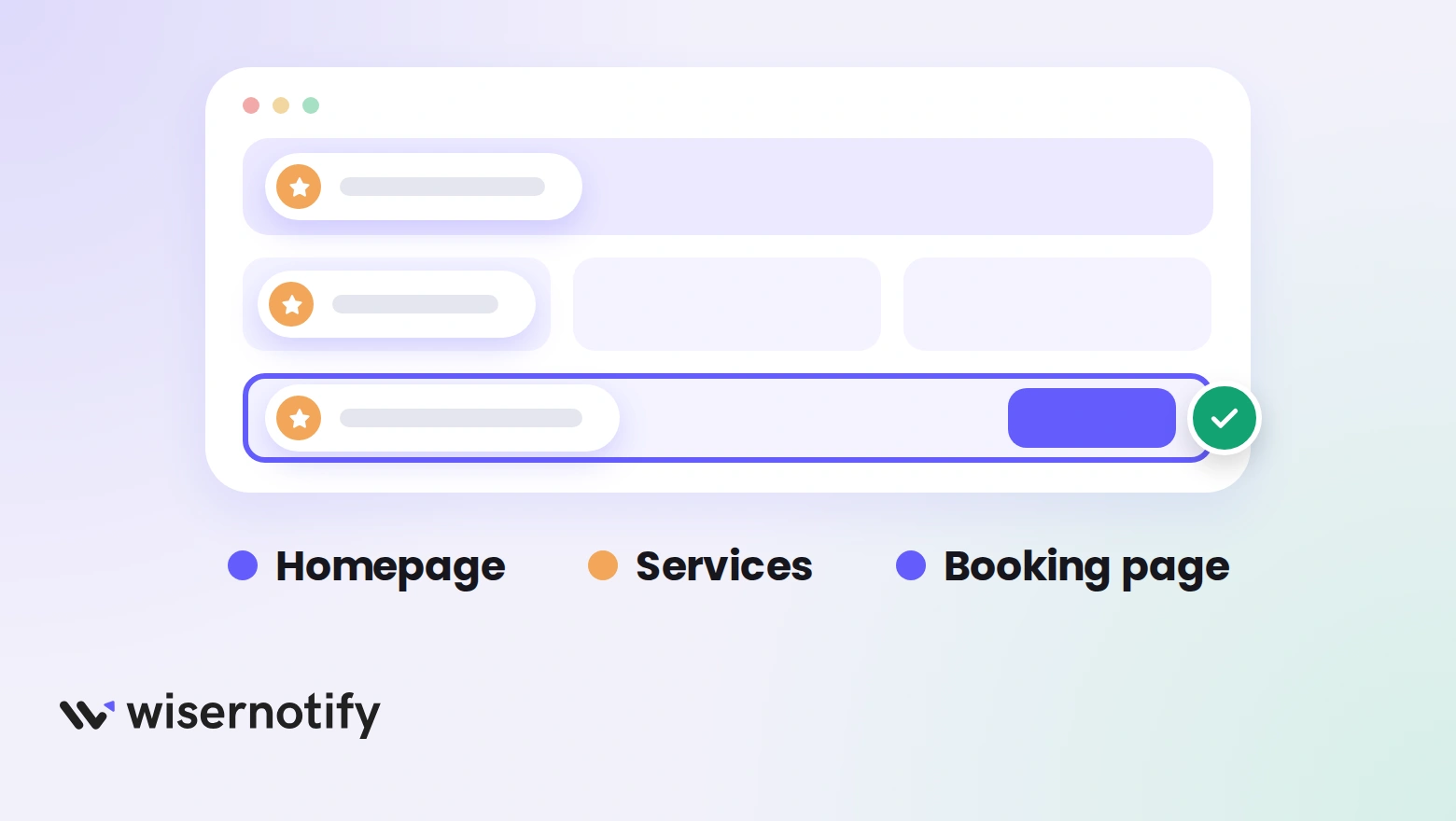 A page with star review notifications on the homepage, services and booking page, with a legend naming each