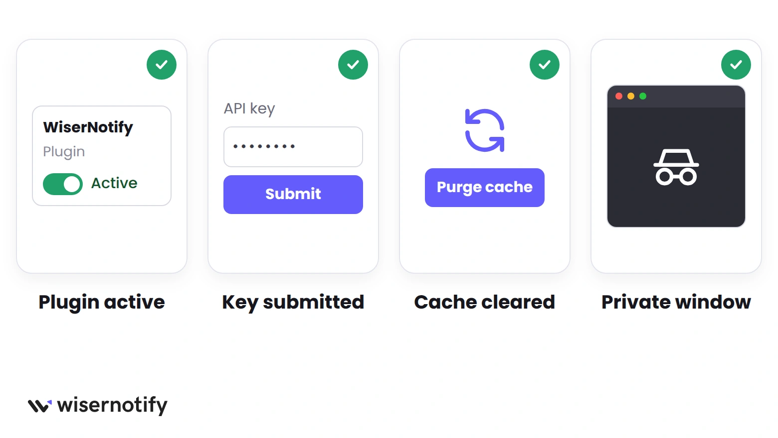 Four checks for a missing announcement bar: plugin active, API key submitted, cache cleared, private window
