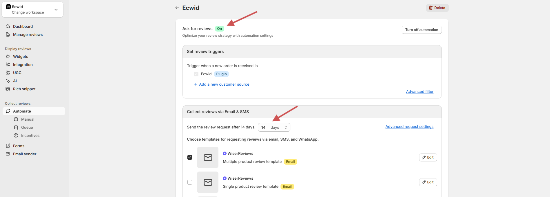 WiserReview Ecwid automation with Ask for reviews on, Ecwid Plugin ticked under review triggers and the send timing in days