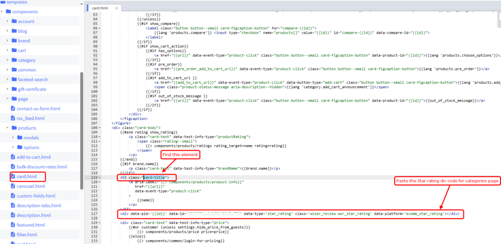 BigCommerce theme editor on card.html with the star rating code pasted under the card-title element