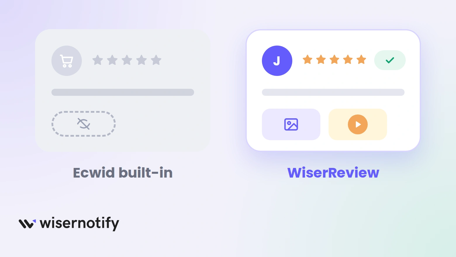 A plain gray Ecwid built-in review card next to a richer WiserReview card with a verified check, a photo and a video