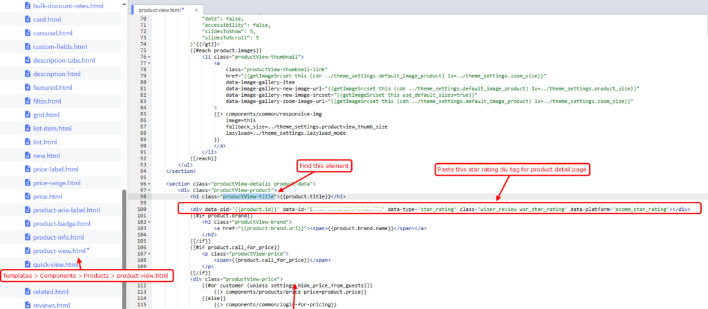 BigCommerce theme editor on product-view.html with the star rating code pasted under the productView-title element