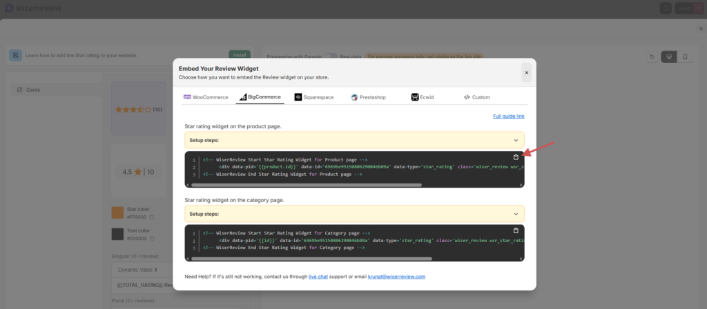 WiserReview Install your review widget window with the BigCommerce tab and the code to copy