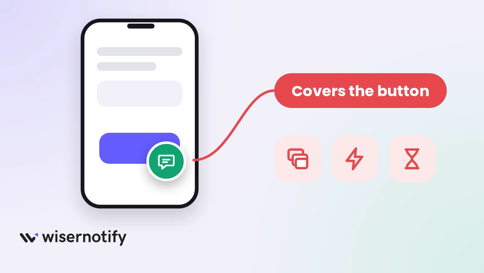 A phone where a chat bubble covers the main button, with three more widget mistakes marked in red