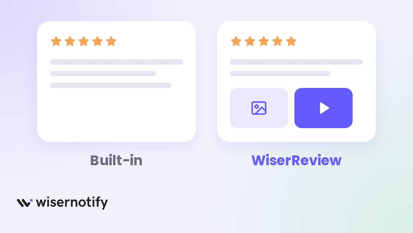 A text-only built-in review card next to a WiserReview card with photo and video tiles