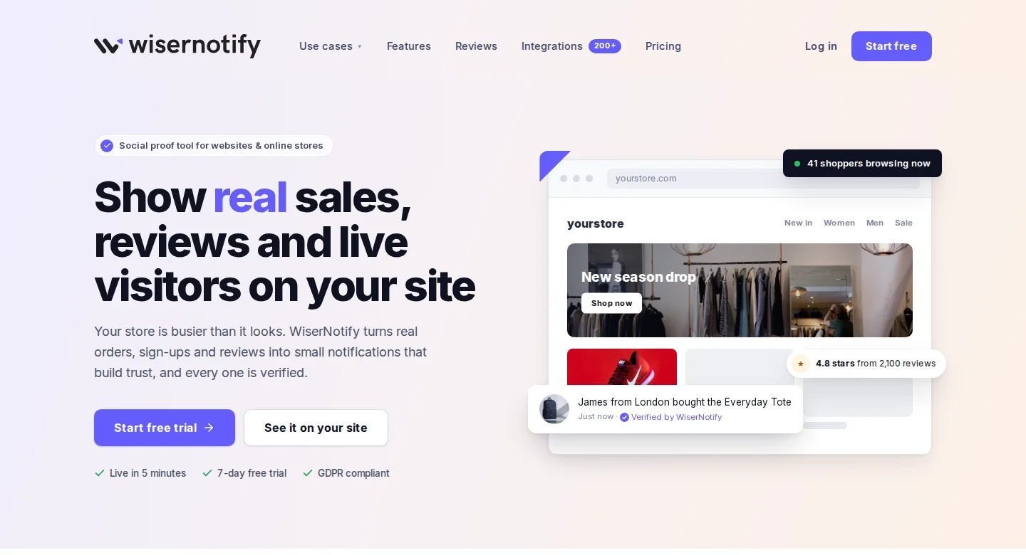 WiserNotify homepage showing a live visitor count, a star rating and a recent purchase notification on a store