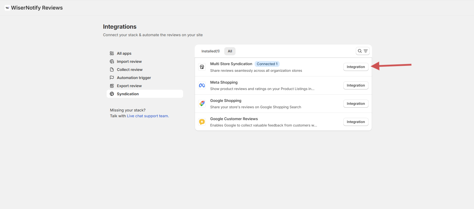 WiserReview Syndication settings with Multi Store Syndication connected