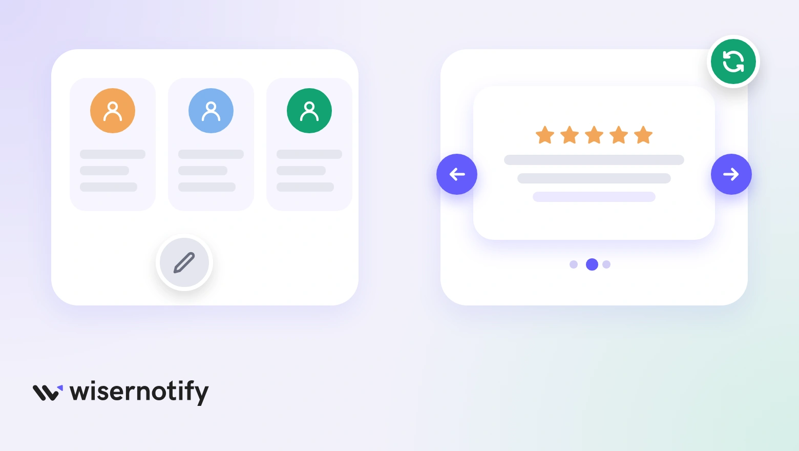 Three hand-typed testimonial columns next to a live carousel of customer reviews