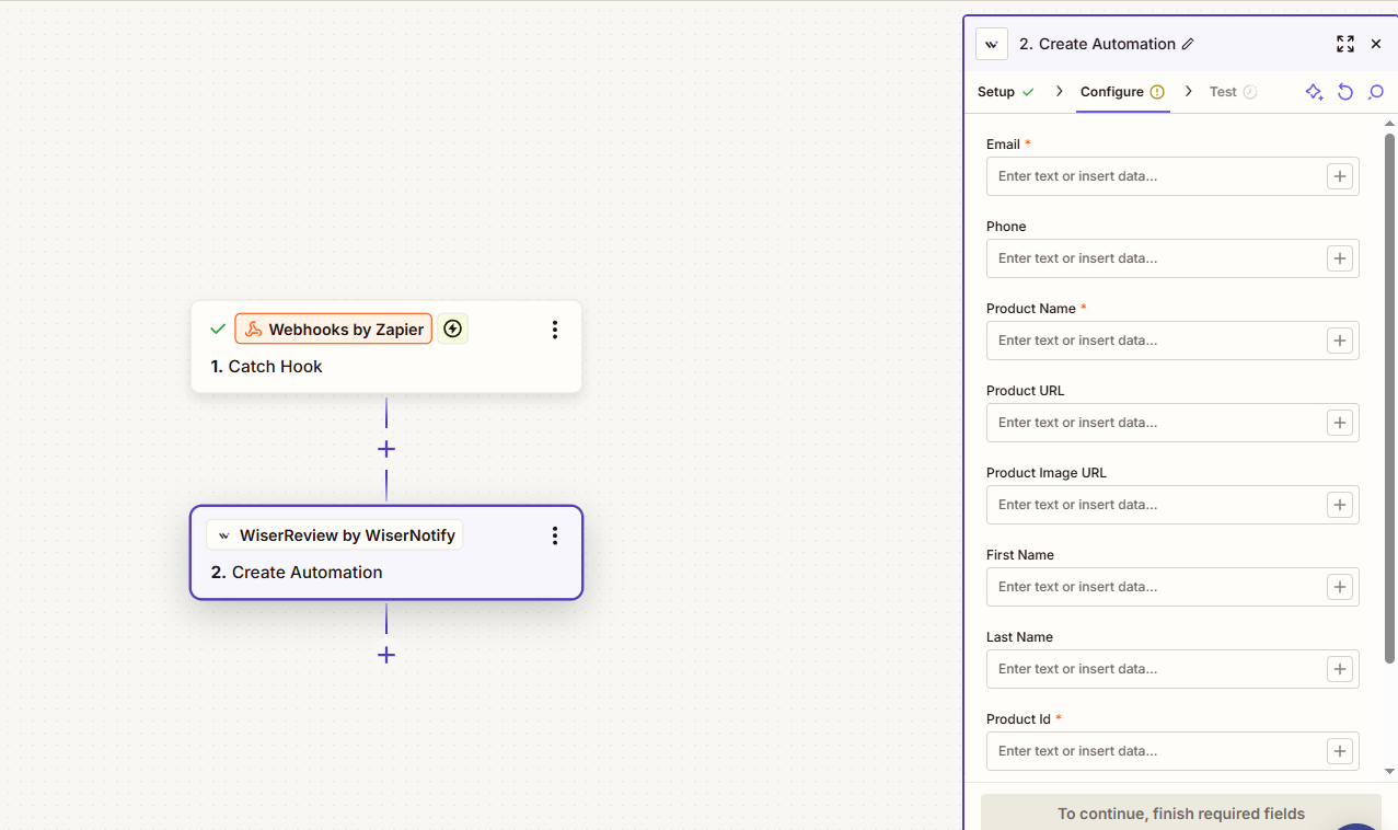 Zapier Create Automation step in WiserReview with fields for email, product name, product ID and the integration