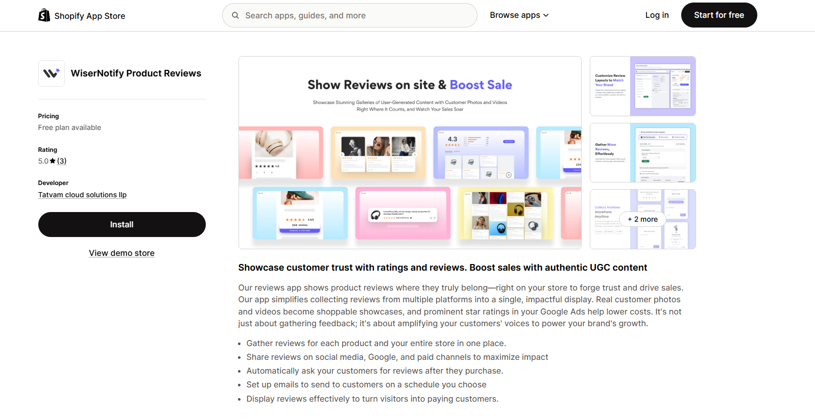 WiserReview listing on the Shopify App Store with the Install button