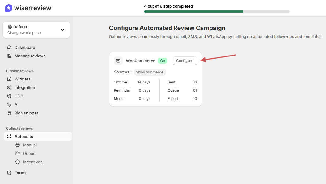 WooCommerce automated review request campaign in WiserReview