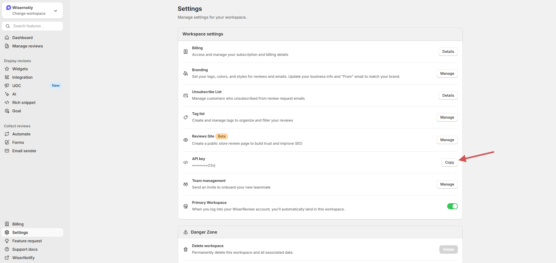 Copying the API key from WiserReview workspace settings