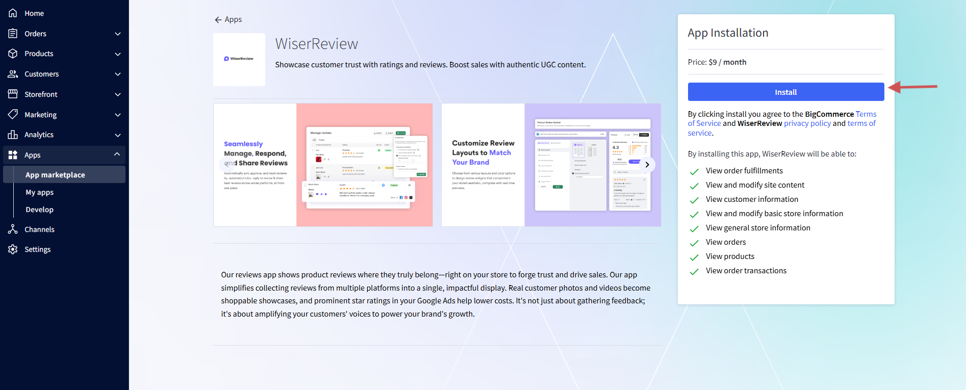 WiserReview app page in the BigCommerce App Marketplace with the Install button marked