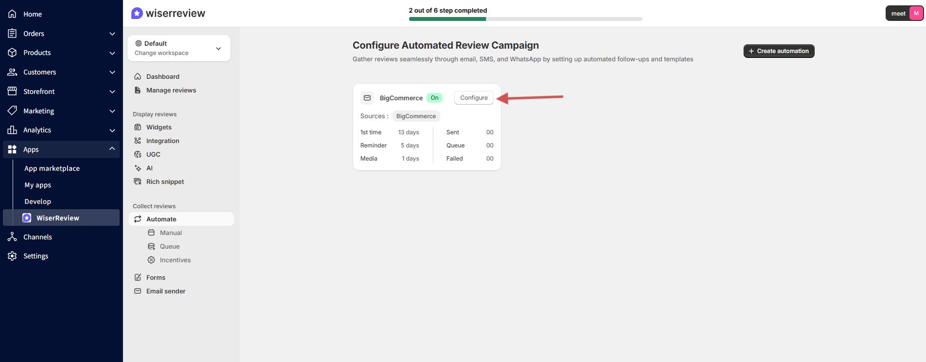 WiserReview Configure Automated Review Campaign page for BigCommerce with the order status and timing settings