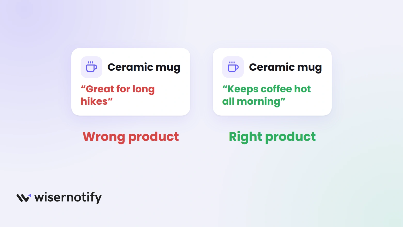 A ceramic mug page showing a review about hiking next to one showing a review about keeping coffee hot