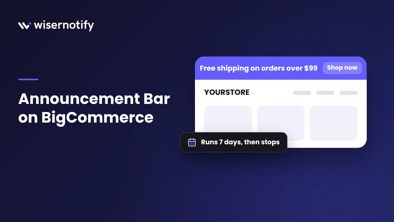 Announcement Bar on BigCommerce cover with a store header, a free shipping bar and a campaign schedule chip
