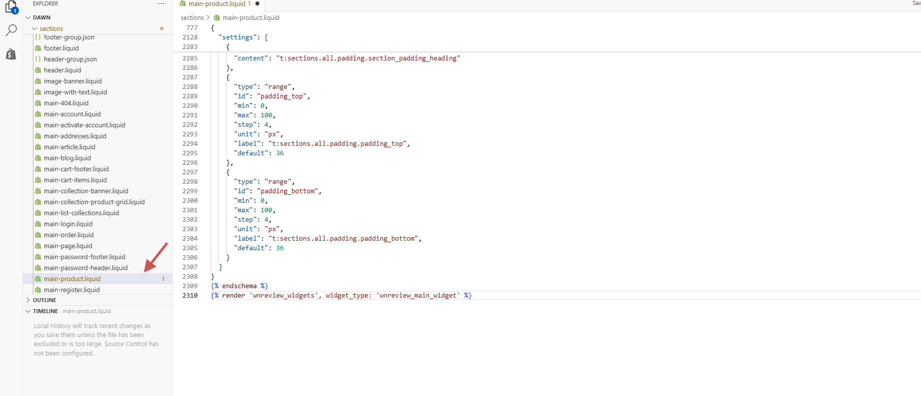 WiserReview widget code pasted at the bottom of main-product.liquid in a Shopify theme