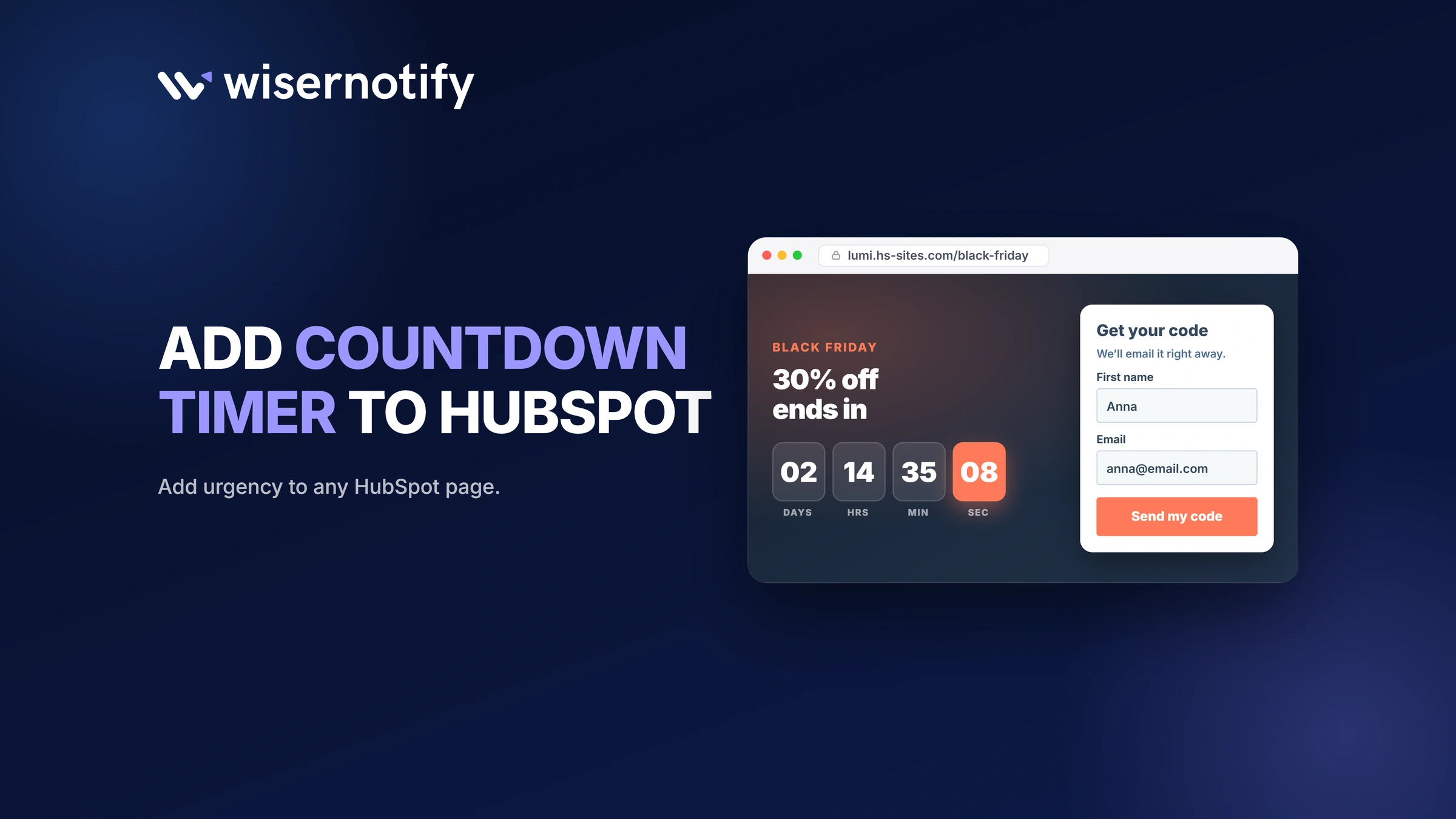 Add a countdown timer to HubSpot: a Black Friday HubSpot page with a live countdown timer and a signup form