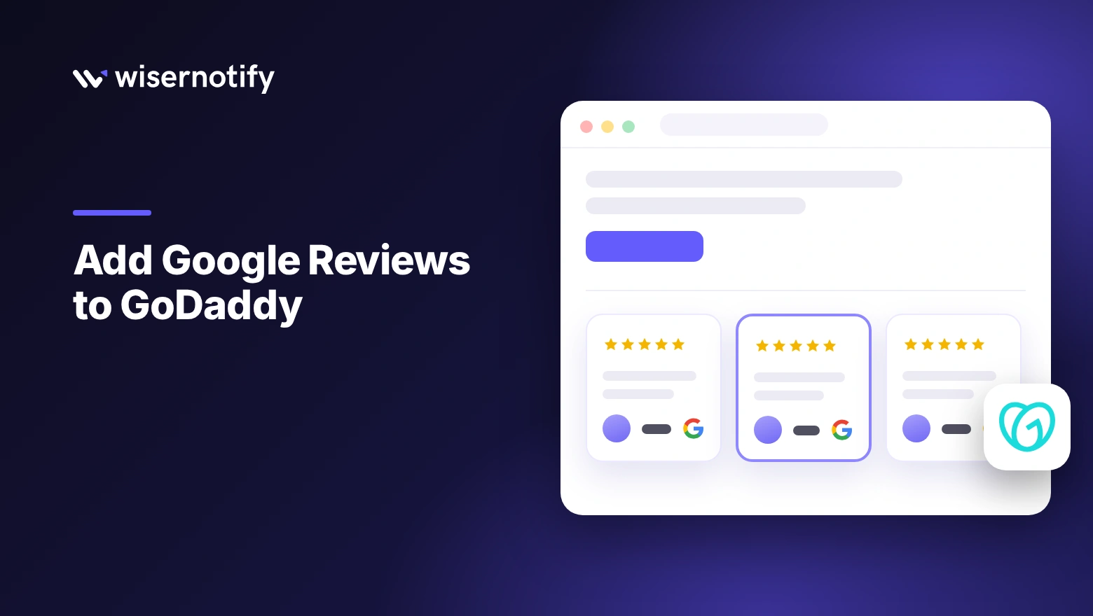 Add Google reviews to GoDaddy cover showing Google review cards on a page and the GoDaddy logo