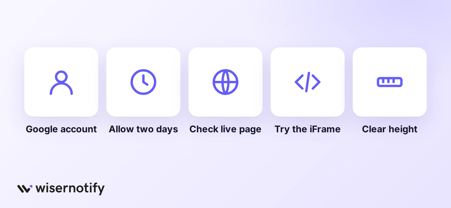 Fixes for Google reviews not showing on GoDaddy: Google account, allow two days, check live page, try the iFrame, clear height