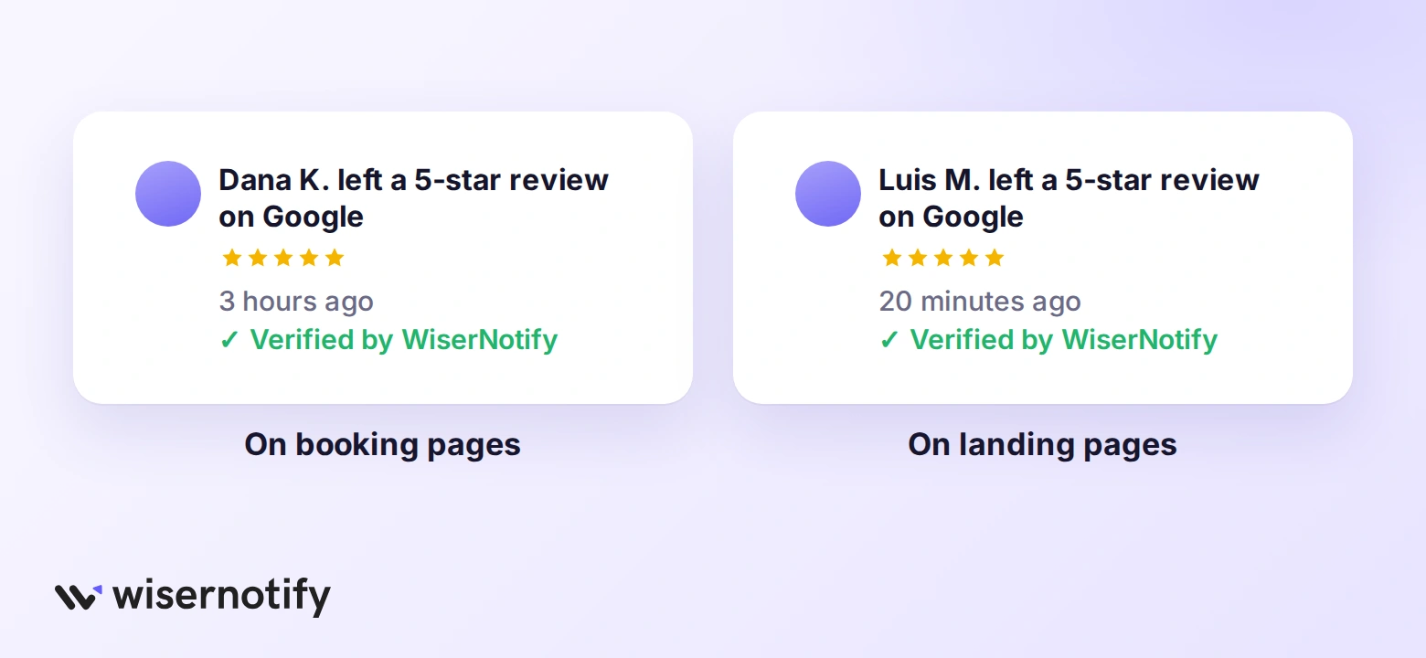 Google review notifications verified by WiserNotify on booking and landing pages