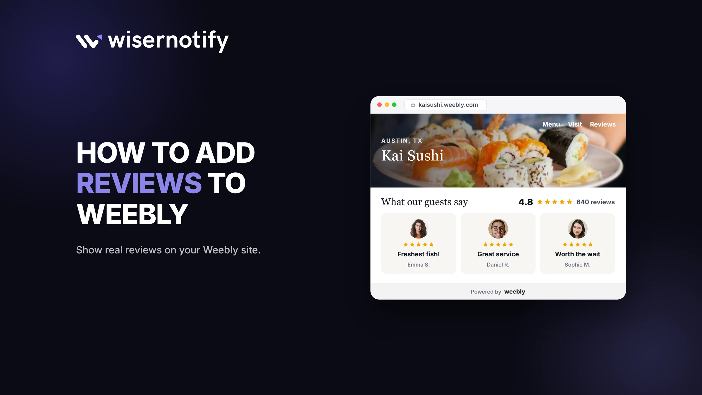 How to add reviews to Weebly: a Weebly restaurant site showing a Google reviews widget with a 4.8 star rating