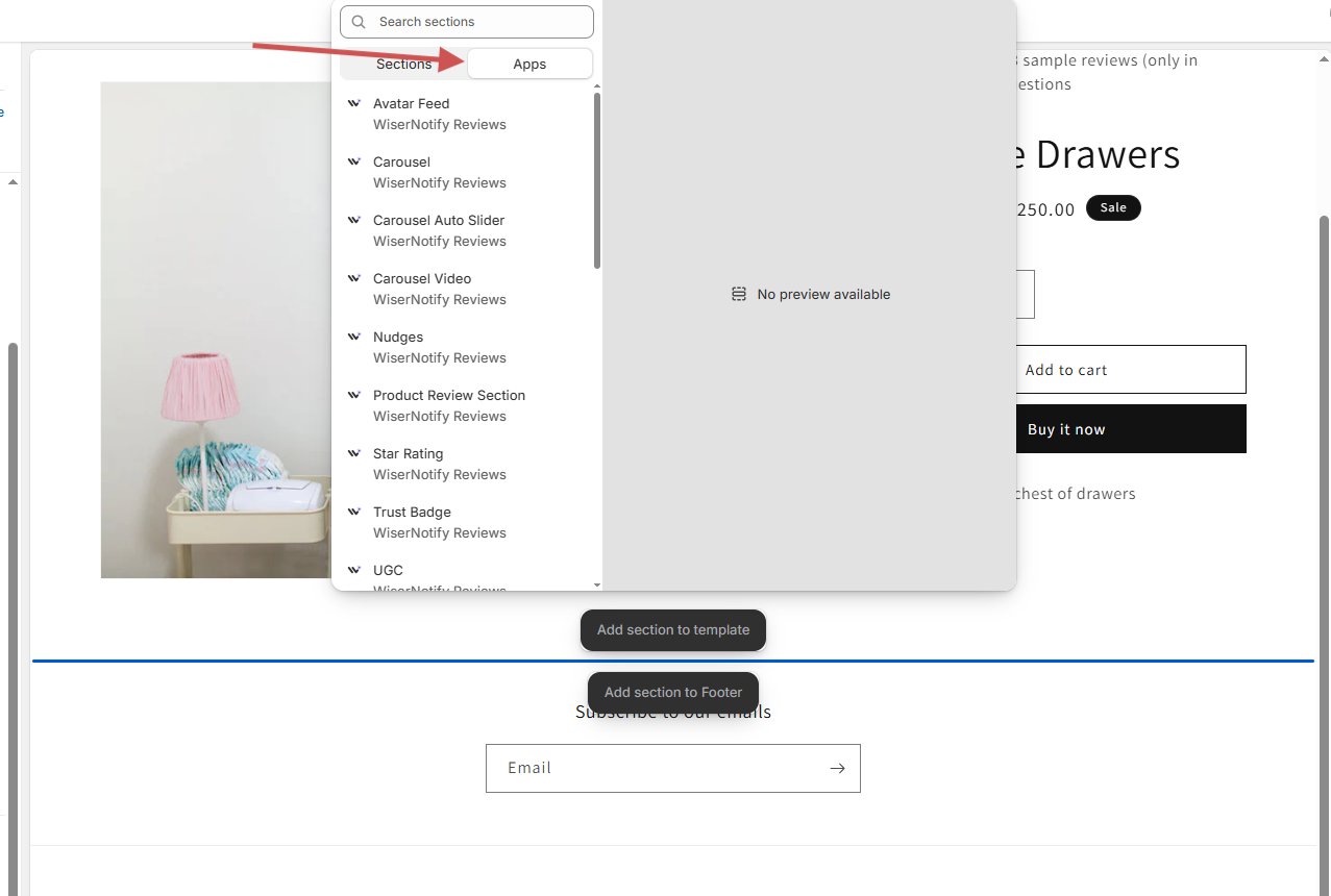 Shopify theme editor Add section panel with WiserReview widgets under the Apps tab