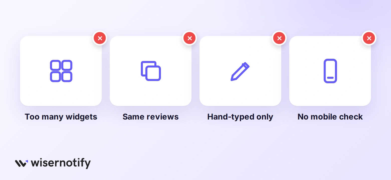 Common mistakes with Elementor reviews: too many widgets, same reviews everywhere, hand-typed only, no mobile check