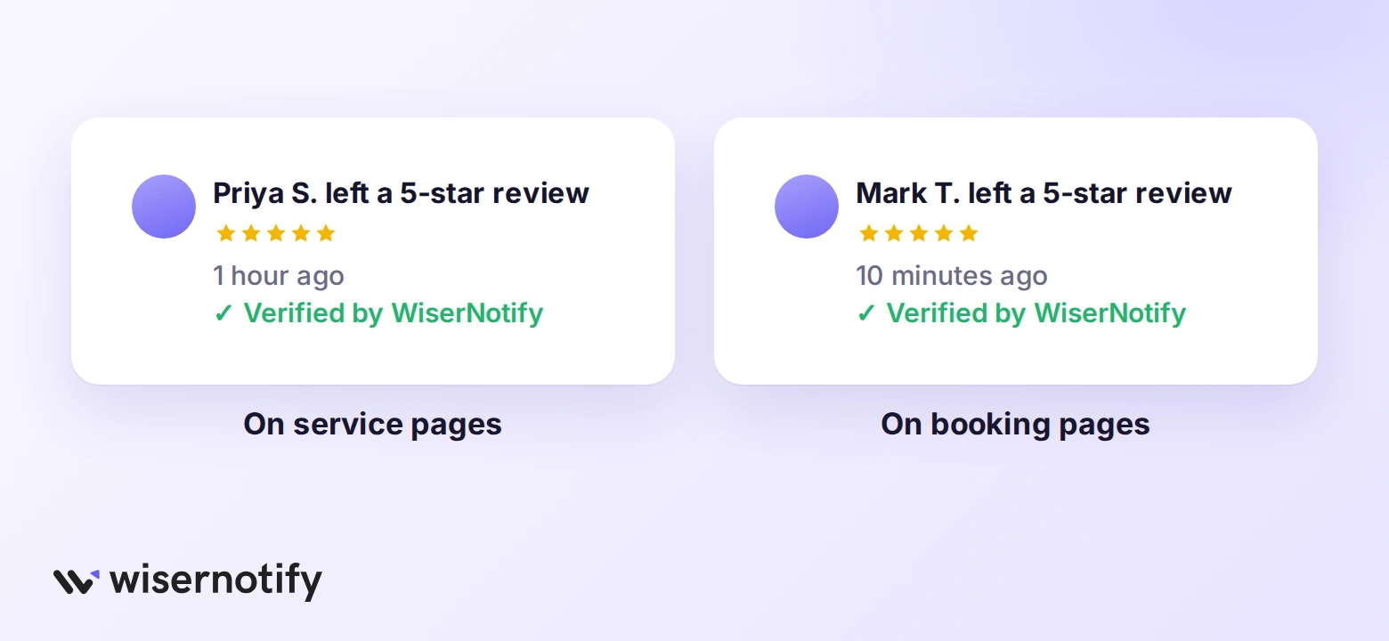 Review notifications verified by WiserNotify on GoDaddy service and booking pages