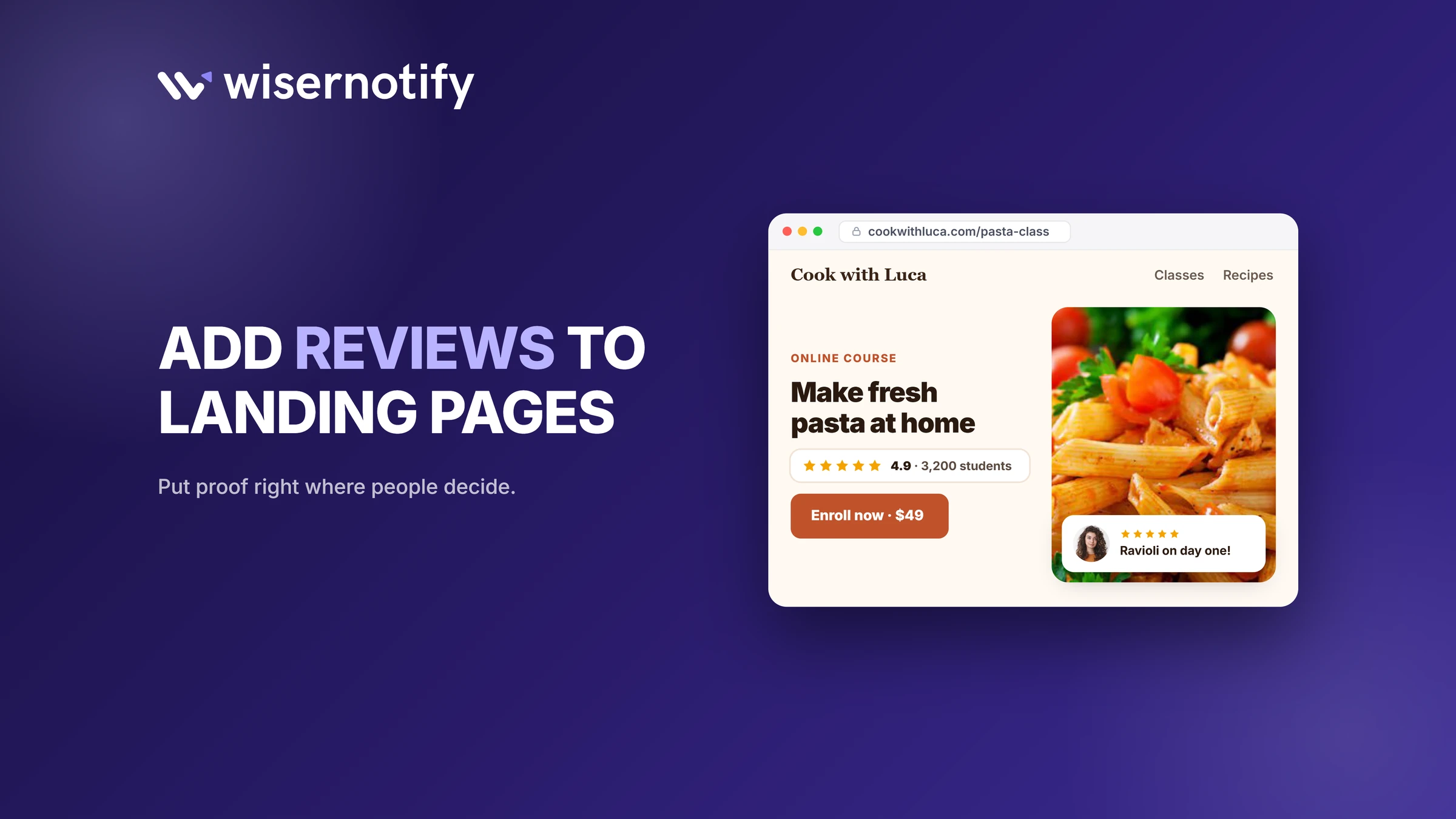 Add reviews to landing pages: a course landing page with a star rating under the headline and a review card on the photo