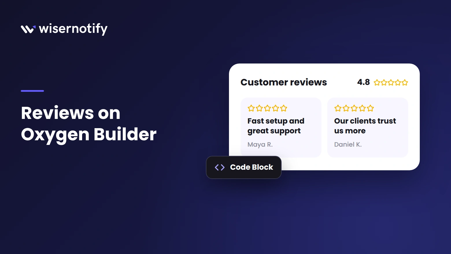 Reviews on Oxygen Builder cover with a customer reviews card and a Code Block label