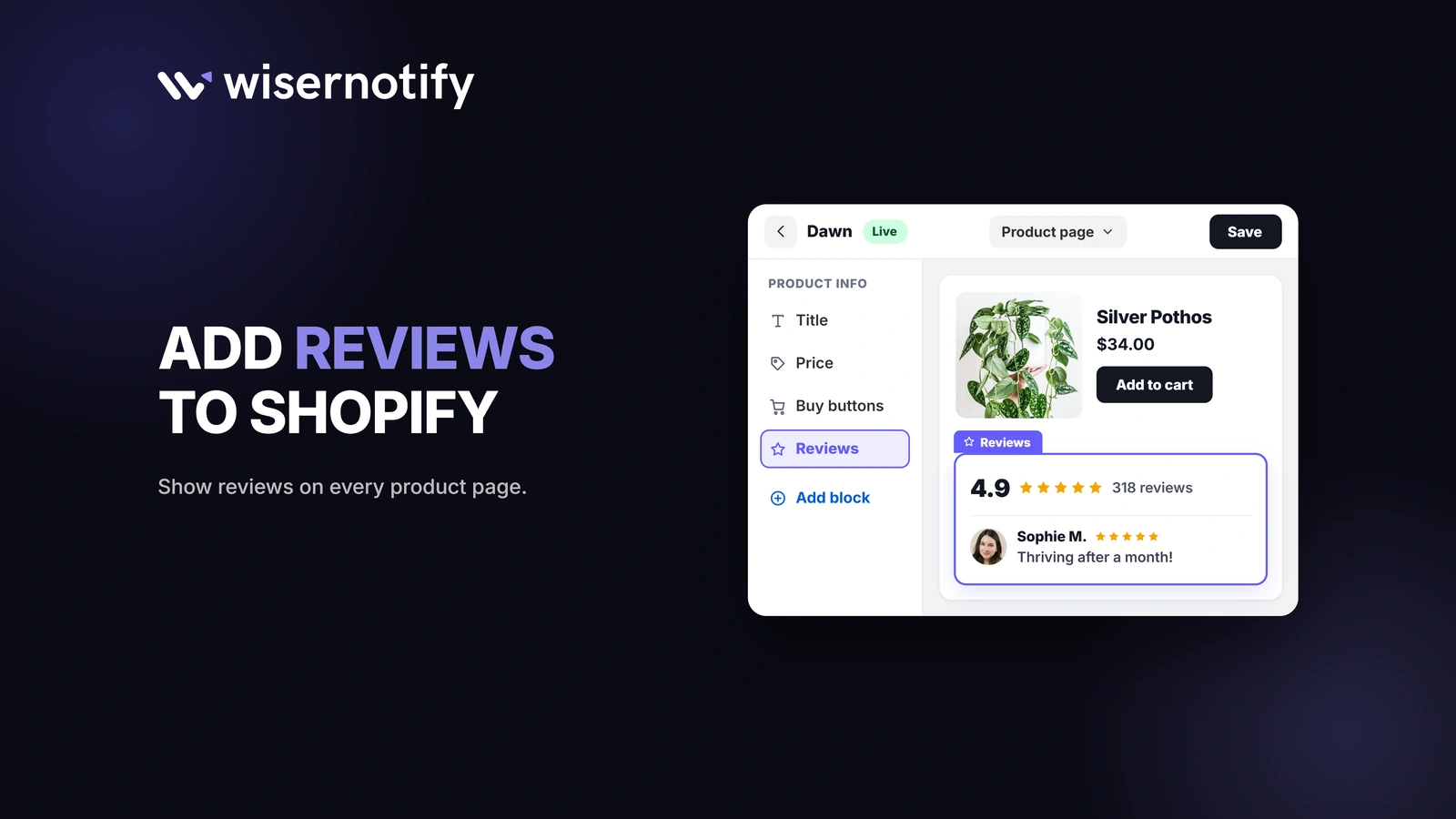 Add reviews to Shopify: Dawn theme editor with a reviews block on the product page