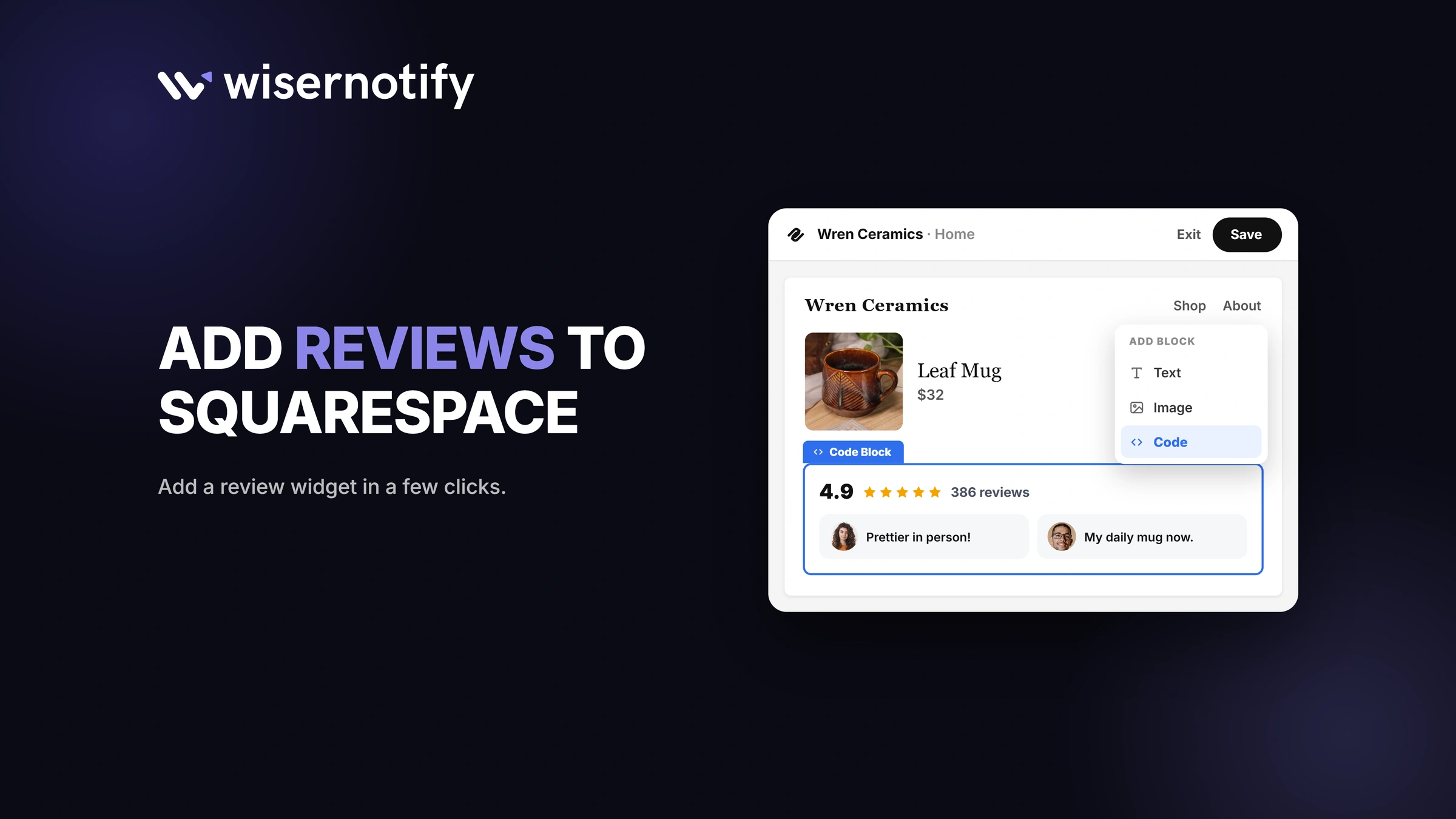 Add reviews to Squarespace: a WiserReview review widget added to a Squarespace product page with a code block