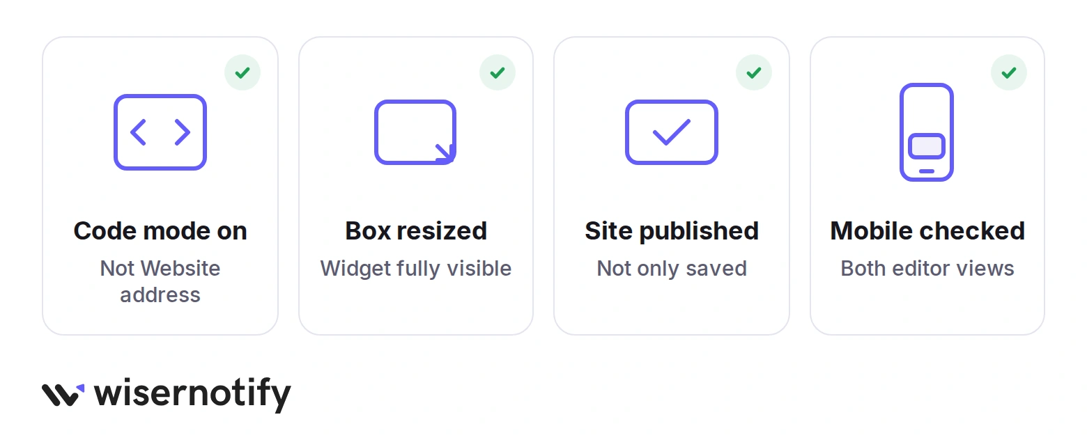 Four checks when reviews don't show on Wix: Code mode on, box resized, site published, and mobile checked