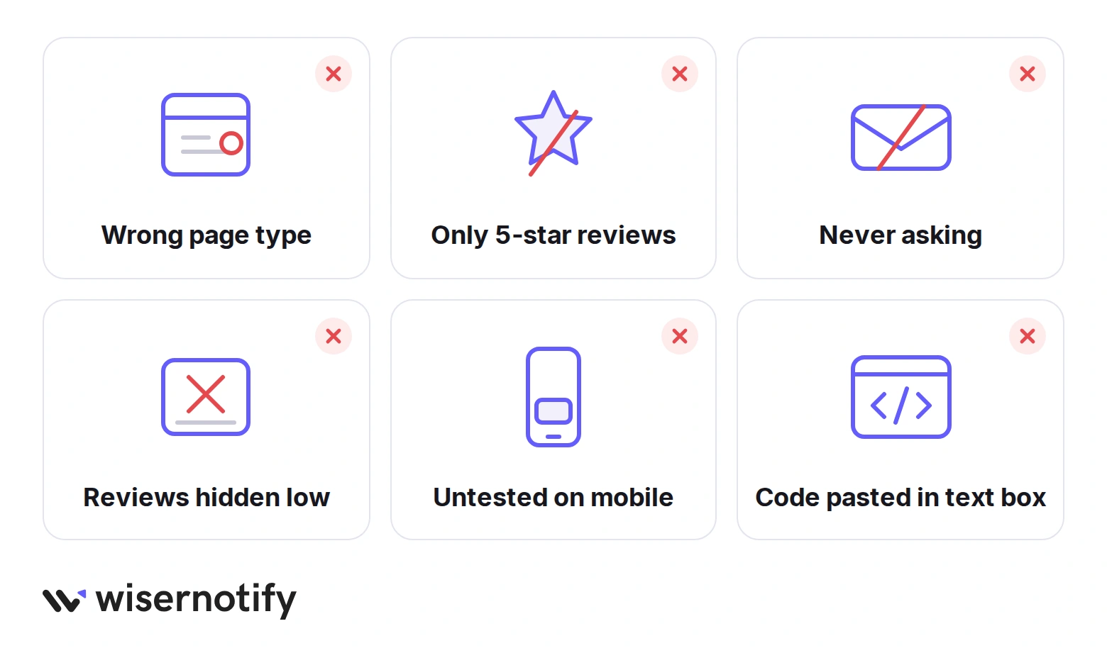 Six mistakes with reviews on Wix: wrong page type, only 5-star reviews, never asking, reviews hidden low, untested on mobile, and code pasted in a text box