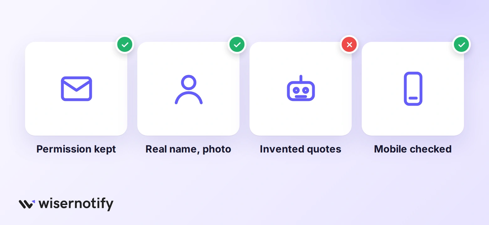 Checks before publishing testimonials: permission kept, real name and photo, no invented quotes, mobile checked