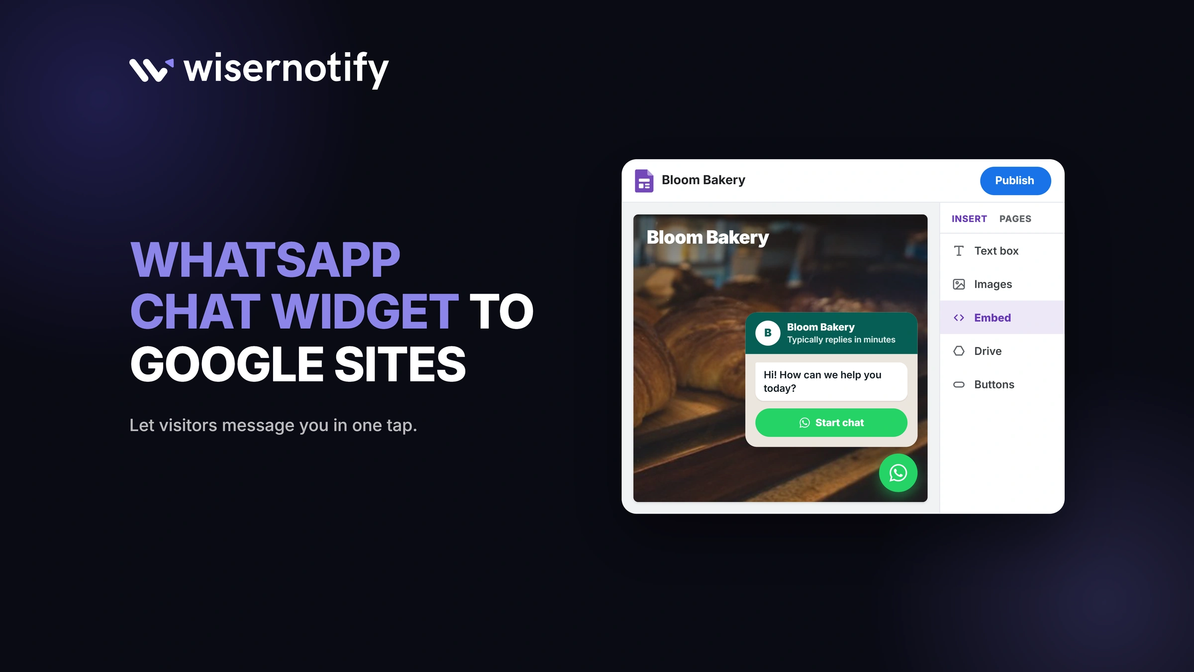 WhatsApp chat widget on a Google Sites page, added through the Insert > Embed panel