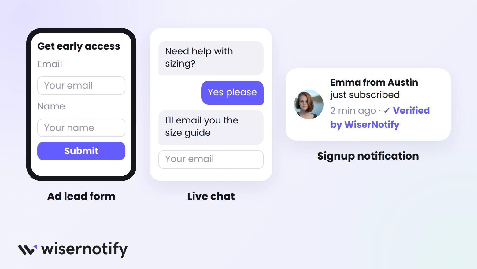 An ad lead form on a phone, a live chat asking for an email, and a WiserNotify signup notification