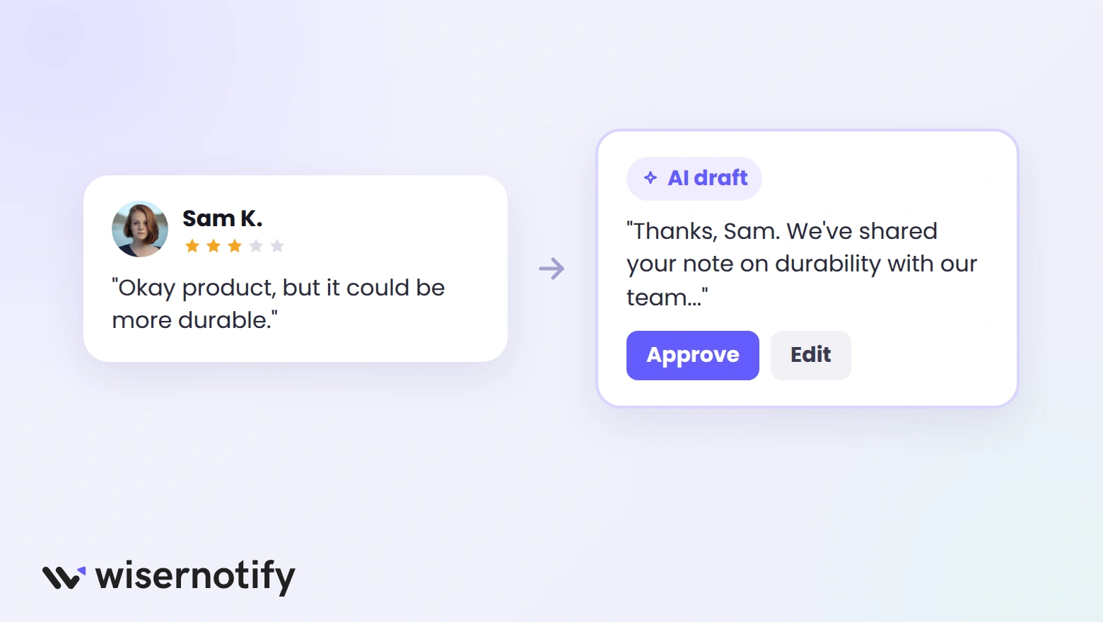 A 3-star customer review and the AI-drafted reply ready to approve or edit