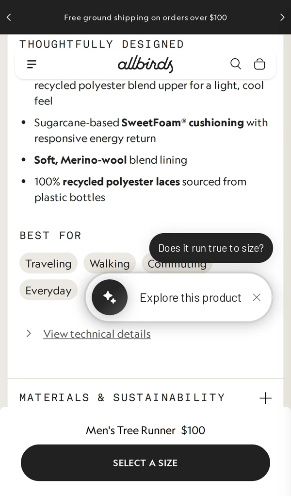 Allbirds mobile product page with a sticky bottom bar showing the product, price, and Select a Size button