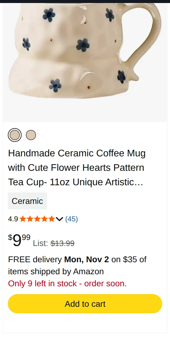 Amazon search result showing Only 9 left in stock, order soon