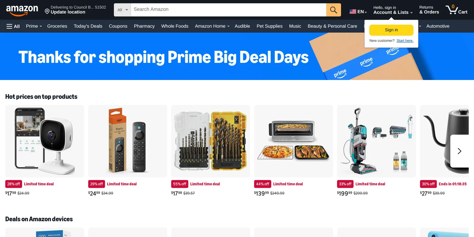 Amazon Prime Big Deal Days 2026 page with limited time deals