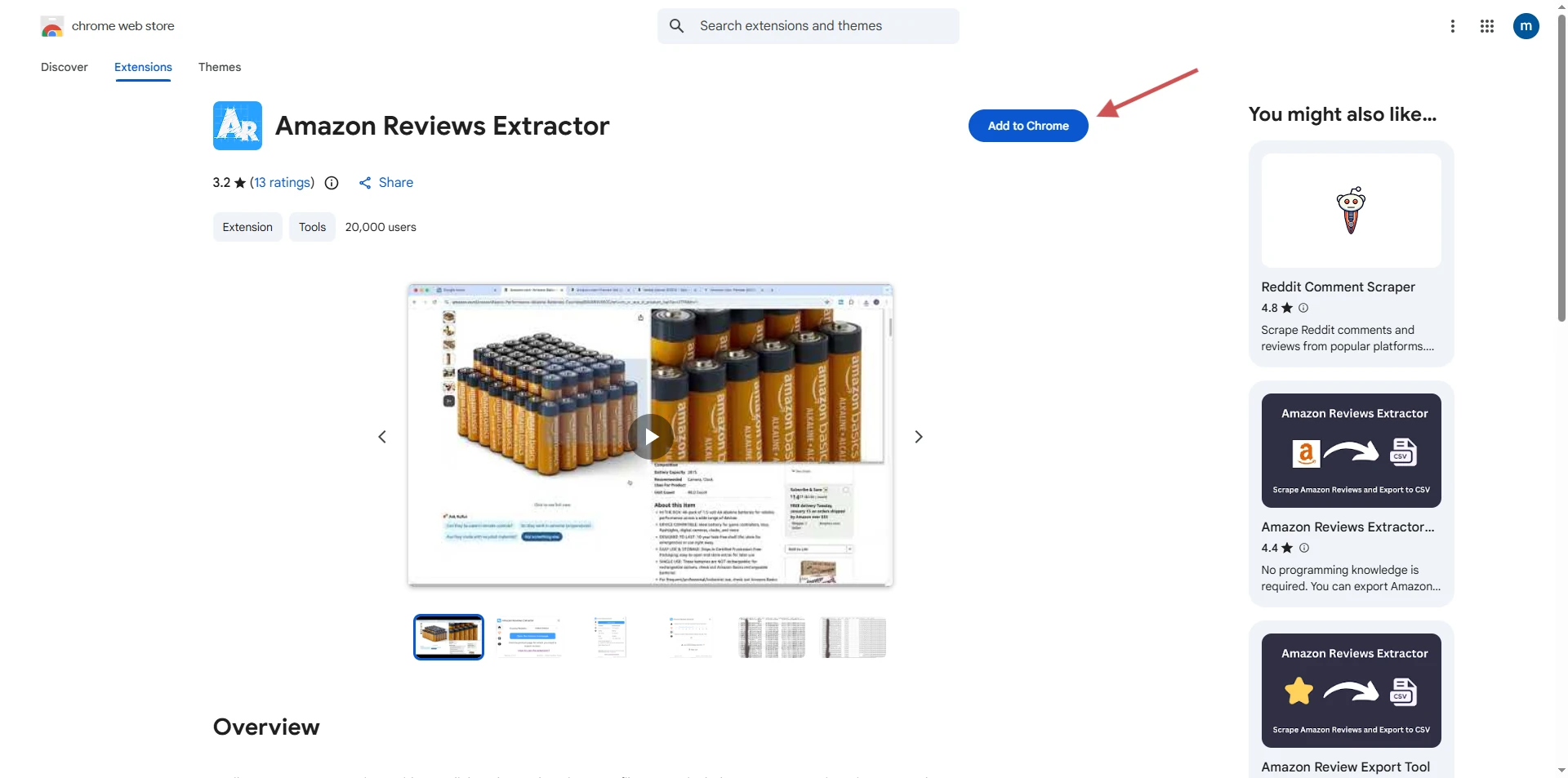 Amazon review exporter Chrome extension in the Chrome Web Store with the Add to Chrome button