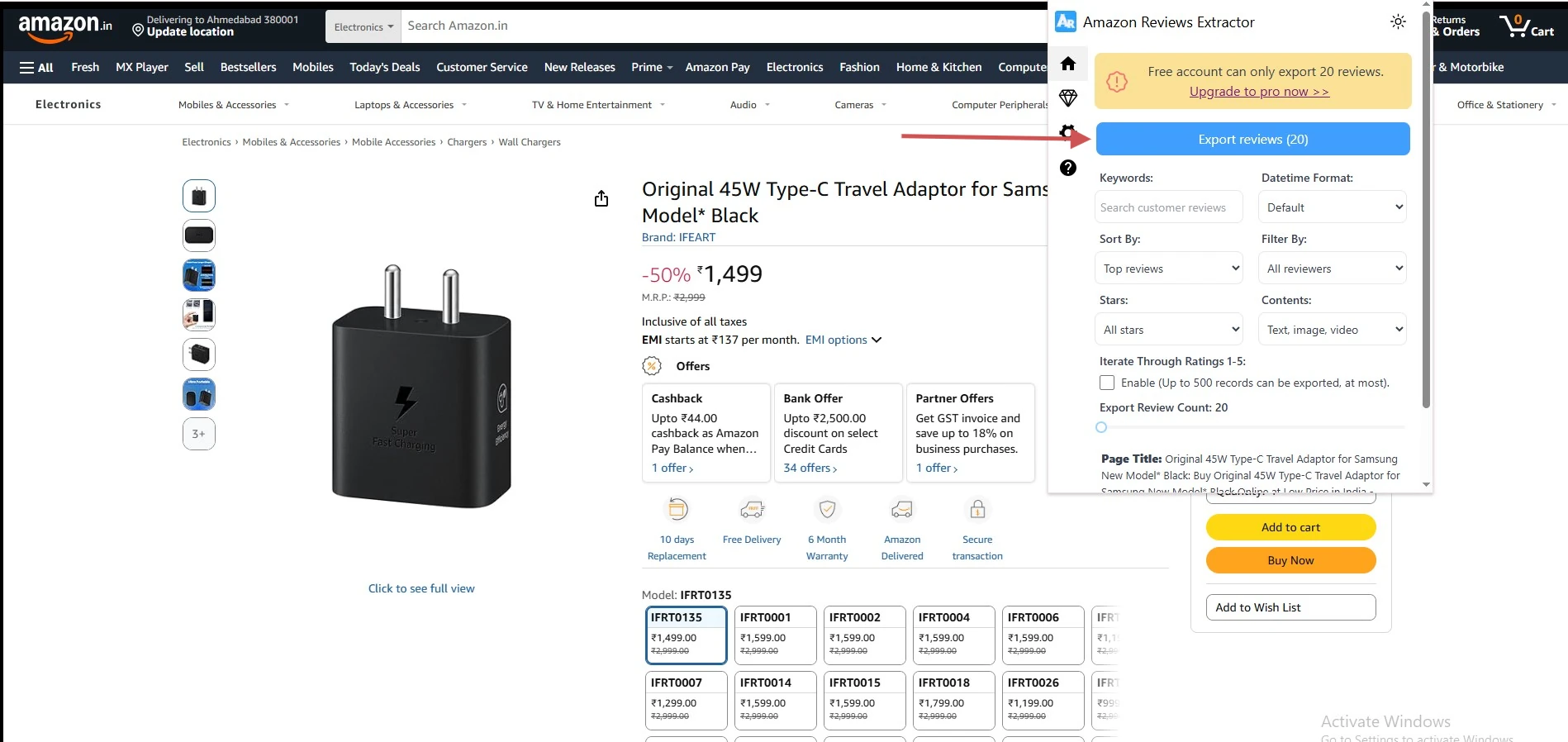Exporting Amazon product reviews to a CSV file with the Chrome extension