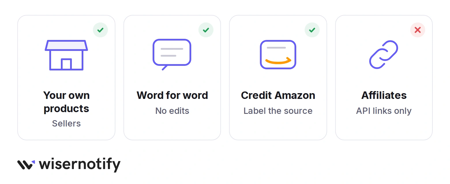 Rules for Amazon reviews on your website: your own products, word for word, credit Amazon, and API links only for affiliates