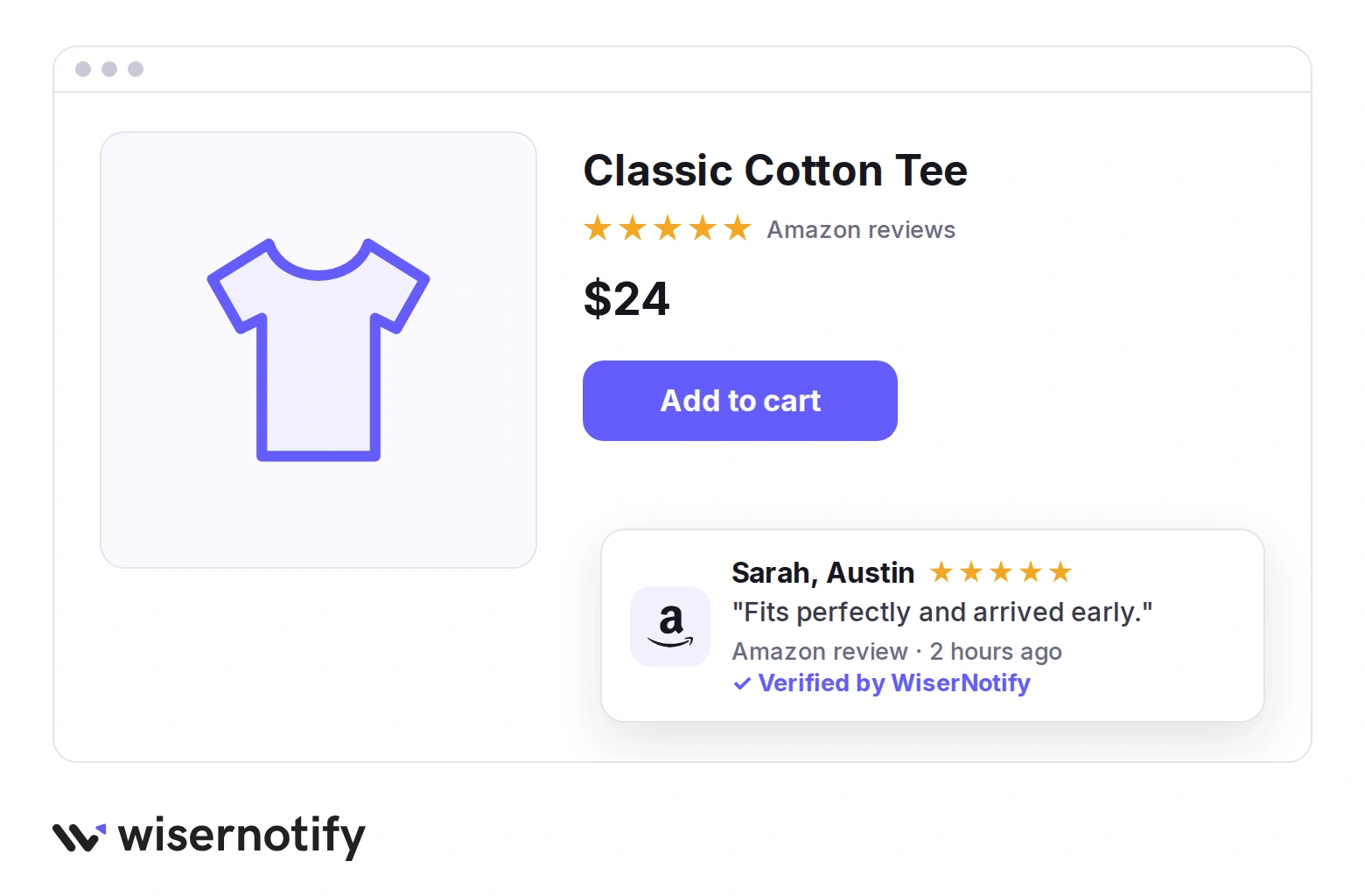 Product page with a WiserNotify popup showing a five-star Amazon review