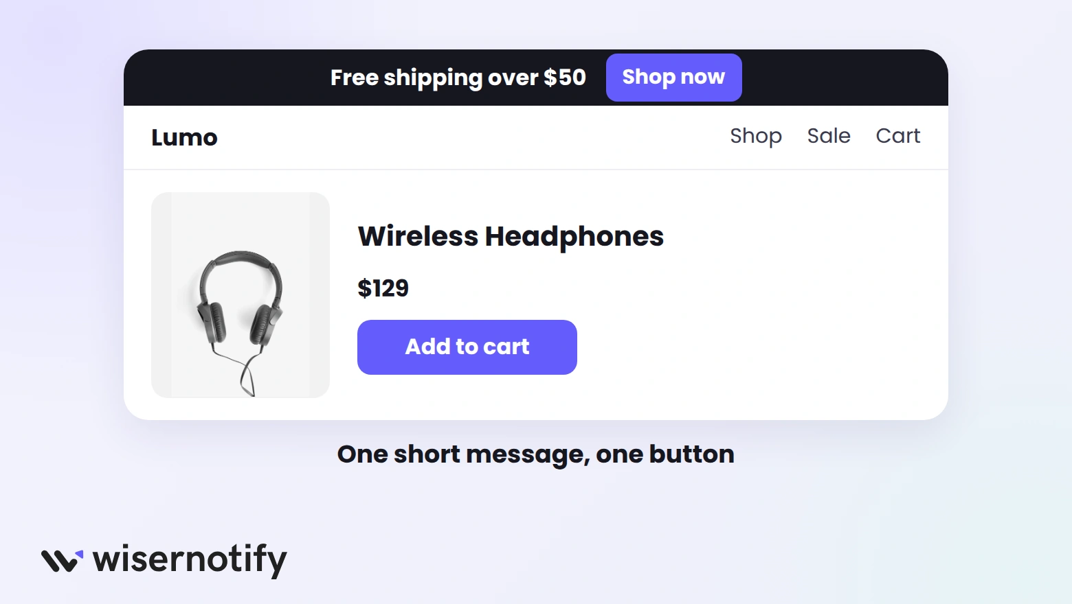 Store page with a short free shipping announcement bar and one Shop now button above a product