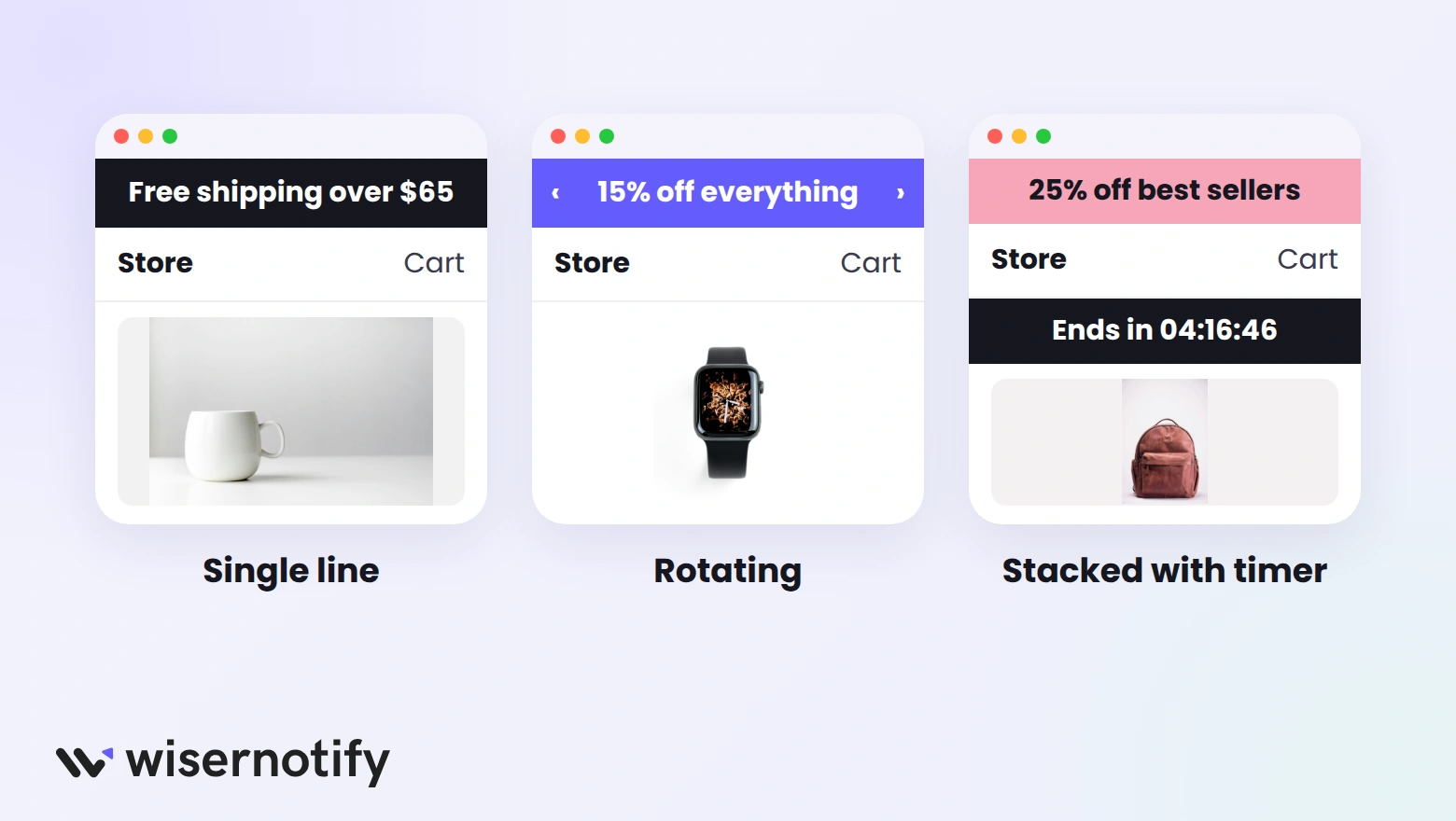 Three announcement bar styles: a single line, a rotating bar, and stacked bars with a countdown timer