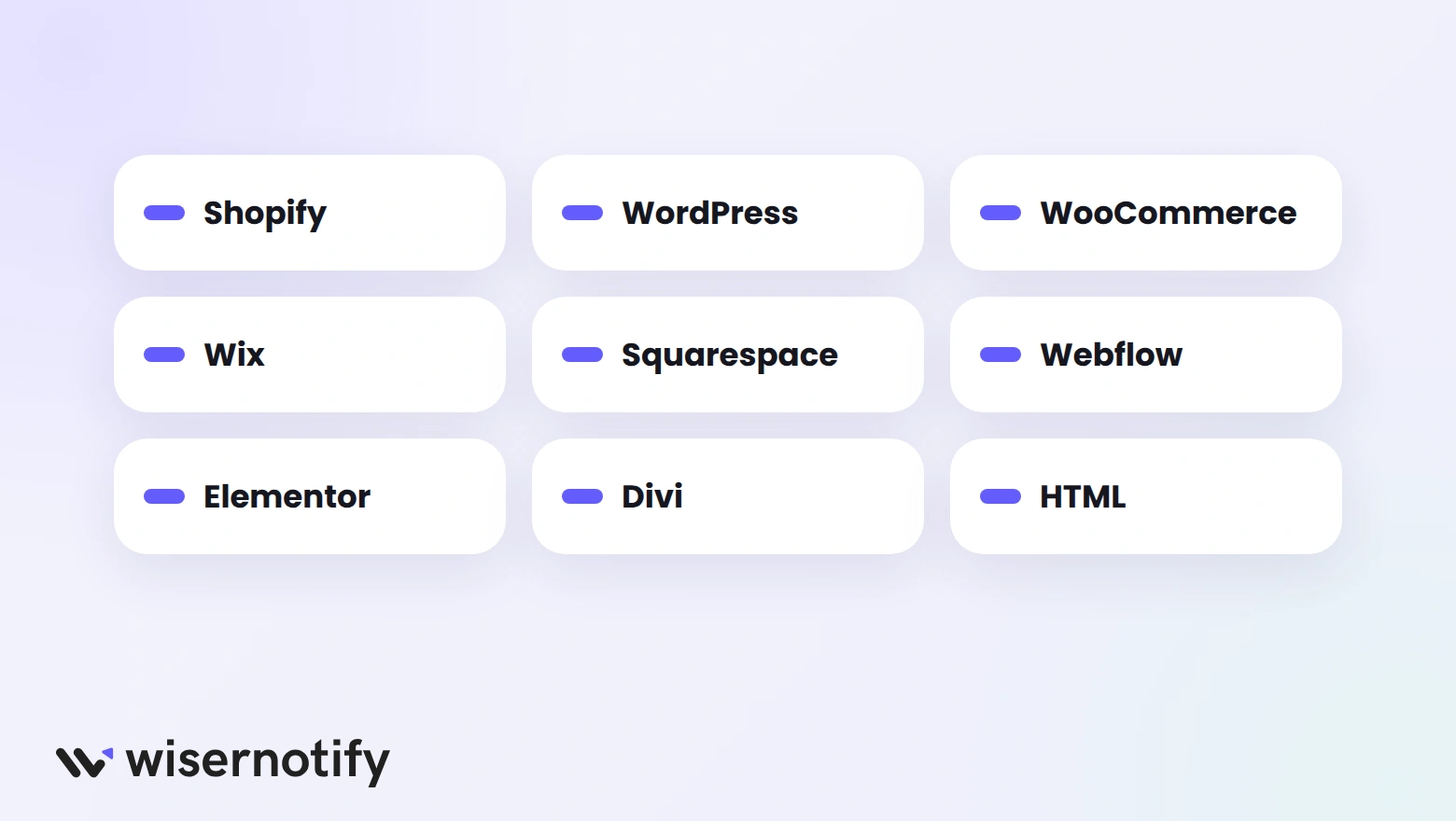 Platforms with announcement bar guides: Shopify, WordPress, WooCommerce, Wix, Squarespace, Webflow, Elementor, Divi, and HTML